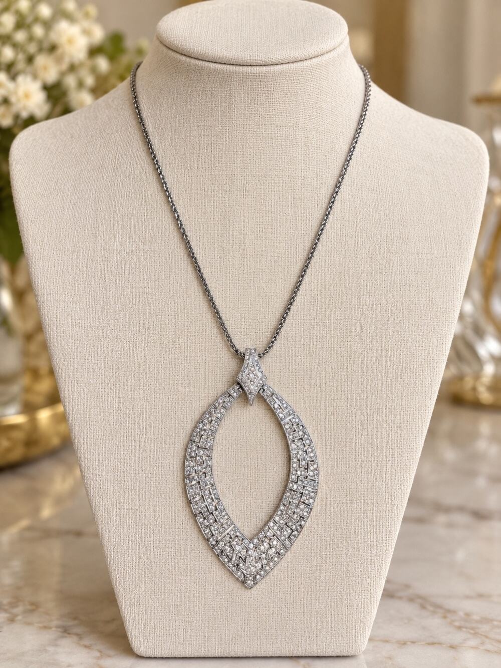 Oversized Rhinestone Statement Necklace Huge 5” Teardrop Pendant Silver Tone